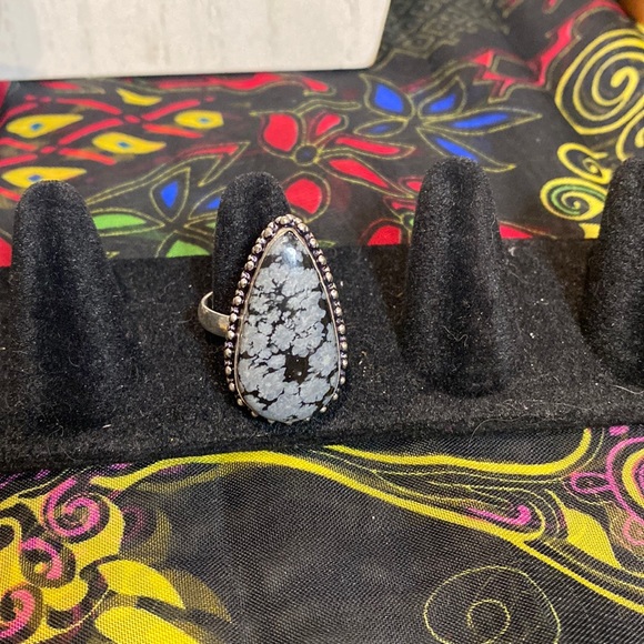 Jewelry - 925 SS Stamped and Plated Snowflake Obsidian Ring - ADJUSTABLE